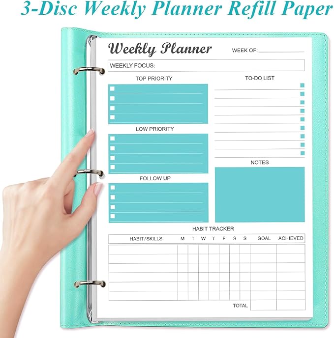 3-Hole Weekly Planner Refills - 53 Sheets/106 Pages Weekly Planner for 3 Ring Binders, 100 gsm White Paper, Lasts 1 Year, Undated, 8.5'' x 11'', Teal