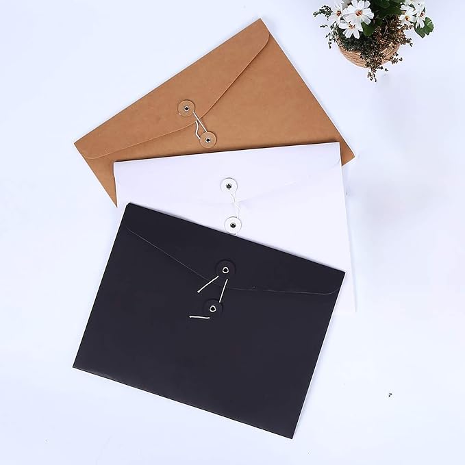 VANRA Kraft String Envelope File Folder Project Pockets File Jacket Document Organizer Flat-No Expansion A4 Letter Size (Black, Pack of 5)