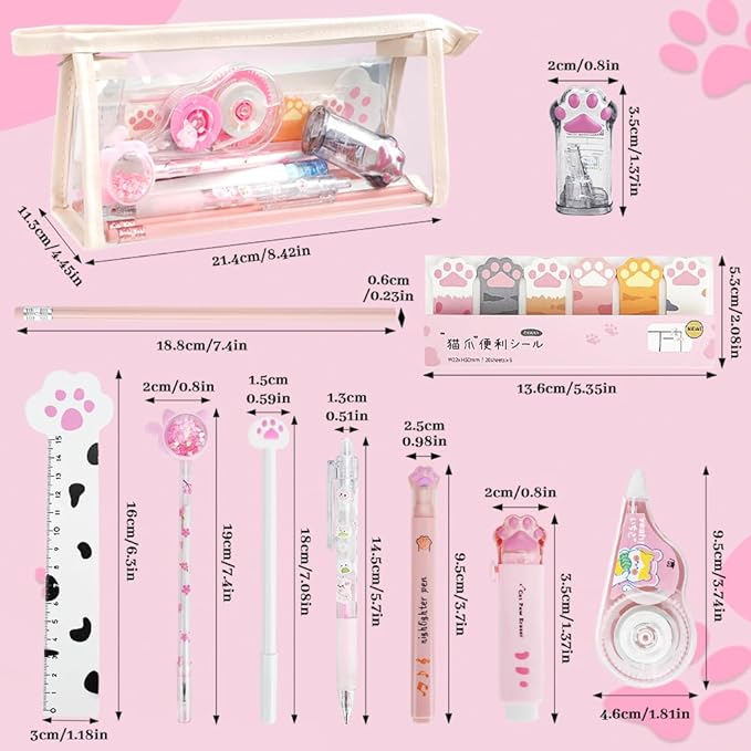 13 Pcs Cute Cat Paw Stationery Set, Kawaii Cartoon Mini Pencil Roller, Retractable Eraser, Correction Tape, Push Up Dotting Pens, Ruler, Sticky Notes, Highlighters for Kids Cat Lovers
