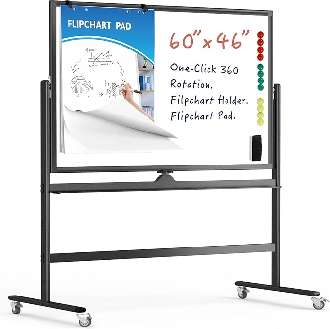 Rolling Whiteboard 60"x46" Magnetic Dry Erase Board with Stand, Double Sided Mobile Whiteboard on Wheels, Non-Foldable Large Portable White Board for Office, Classroom & Home