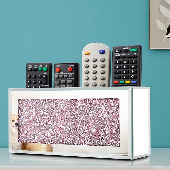 Pibeyer Mirrored Remote Control Holder Wall Mount, Silver Crush Diamond Remote Organizer Wall, Decoration Storage Box for Living Room, Bedroom, Home Décor