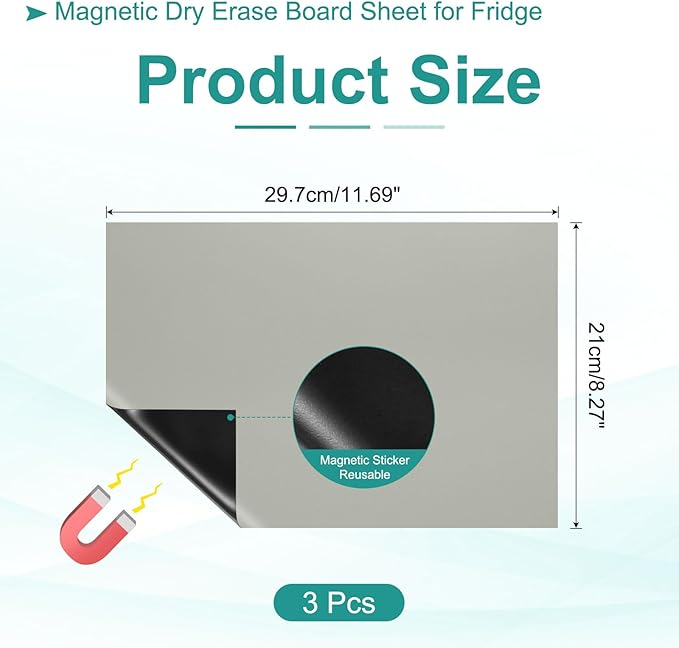 PATIKIL Magnetic Dry Erase Board Sheet for Fridge, 3 Pcs 12 x 8 Inch Erasable Refrigerator Whiteboard for Kitchen for Home Kitchen Organizer Planner Office Storage, Gray (0.6mm)
