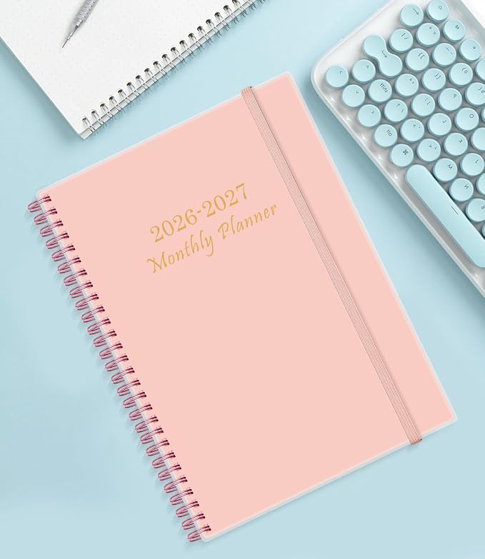 Monthly Planner 2026-2027 – Monthly Calendar from July 2026 to December 2027, 18 Month Planner with Spiral Binding, Inner Pocket, Elastic Closure, 8.5" x 11", Pink