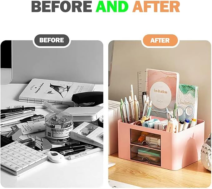 Creative & Simple Desk Organiser, 7 Grids, Plastic Table Organiser with Drawer, Multifunctional Desk Organiser, Pen Holder for School, Office, Home (White)