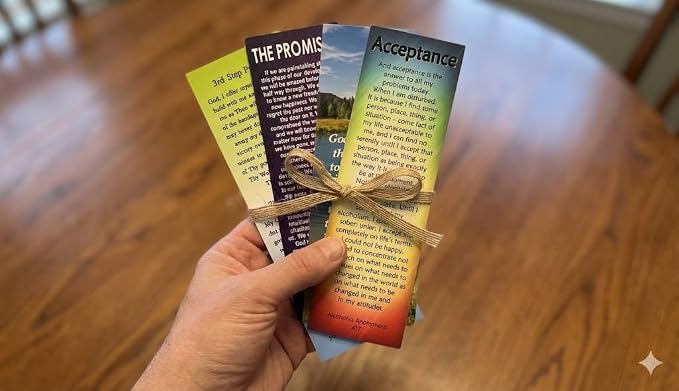 12 Step AA Sobriety Bookmarks- Set of 10 2x6 Laminated Recovery Gifts with Serenity Prayer, Big Book Index, Acceptance, St Francis Prayer, 3rd & 7th Step Prayer by Cheryl's Bookmarks