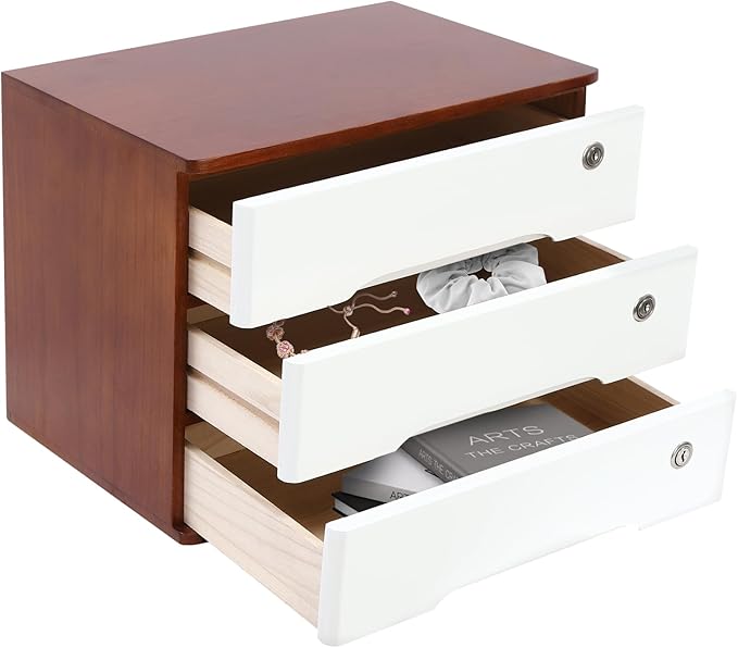 Lockable Desk Organizer Wooden Desktop Drawers Office Flat Files Storage Box Locking Countertop Storage Cabinet (Walnut + White, 3-Tier)
