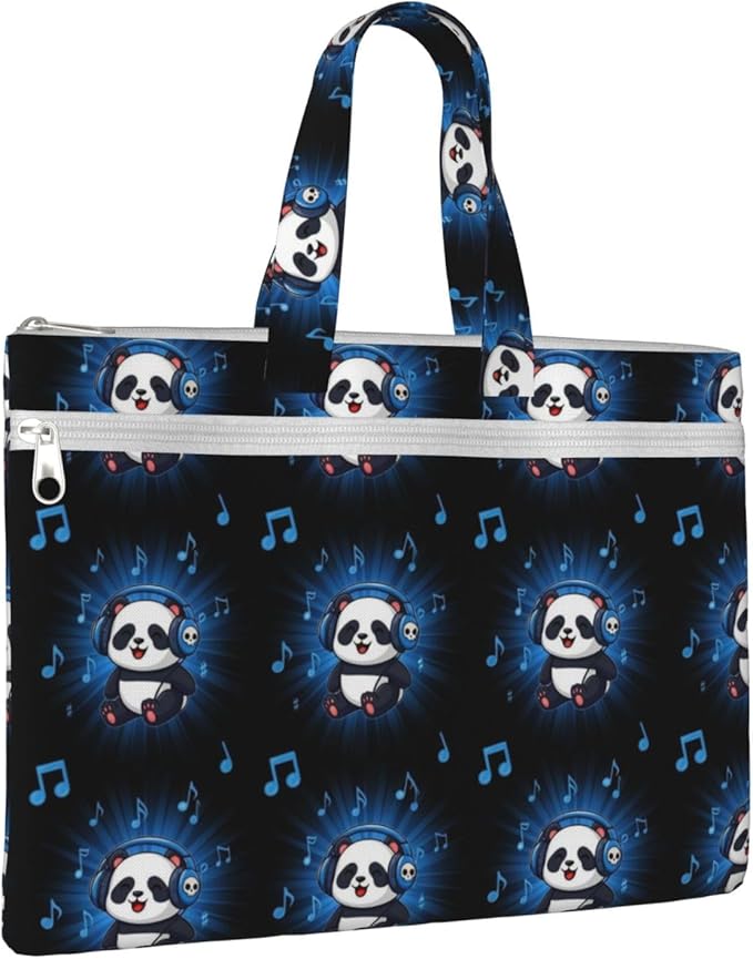 Portable Canvas Zipper File Bag with Handle, Waterproof Document Organizer Panda Animal Headphones Music for Business Travel Storage