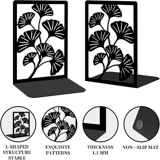 Decorative Bookends, 2 Pcs Ginkgo Leaf Desk Bookends Sturdy Metal Book Organizers for Home Office and Study Room