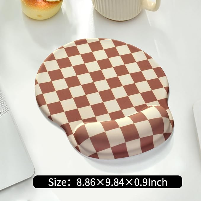 Retro Checkered Mouse Pad with Support Wrist Rest,Cute Funny Boho Ergonomic Mouse Pad with Non-Slip Base for Office Gaming Working Computers,Desk Accessories Pain Relief,Brown