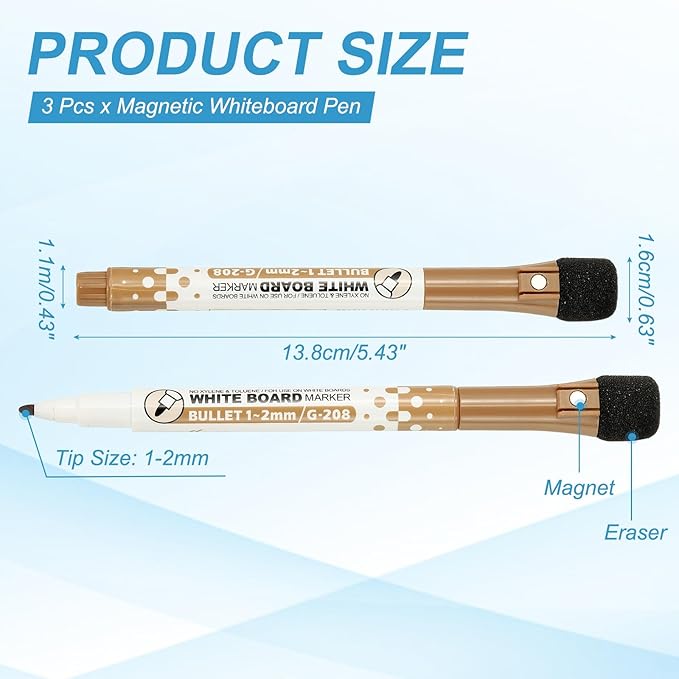 PATIKIL Magnetic Whiteboard Pen, Fine Tip Dry Erase Coffee White Board Markers with Eraser Whiteboard Calendar Supplies for Classroom Office, 3 Pcs, 1-2mm Tip