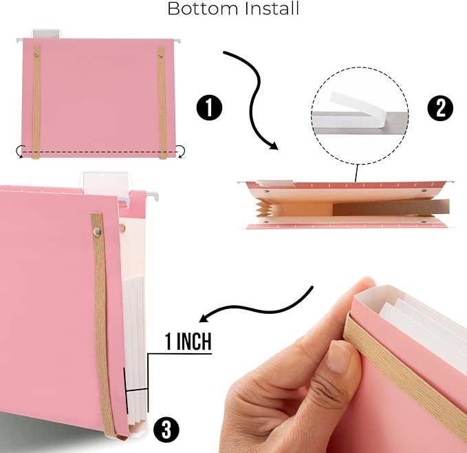 Y YOMA 6 Pack Extra Capacity Hanging File Folders with Handle Letter Size Accordion Decorative Reinforced File Folder Cute Colored Expandable Portable Folder with 1/5-Cut Adjustable Tabs, Cute Pink