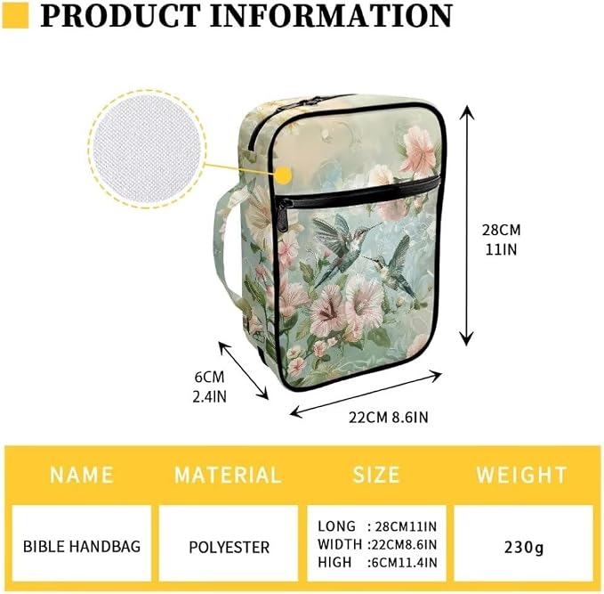 Coldinair Hummingbird Floral Bible Covers for Women Carrying Book Bible Case Church Bag Bible Protective with Handle & Zippered Pocket