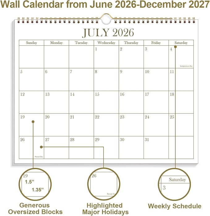 2026-2027 Calendar - 2026-2027 Wall Calendar from June 2026 - December 2027, 19 Months Calendar with Premium Paper, Twin-Wire Binding & Hanging Hook, 8.5" x 11", Golden