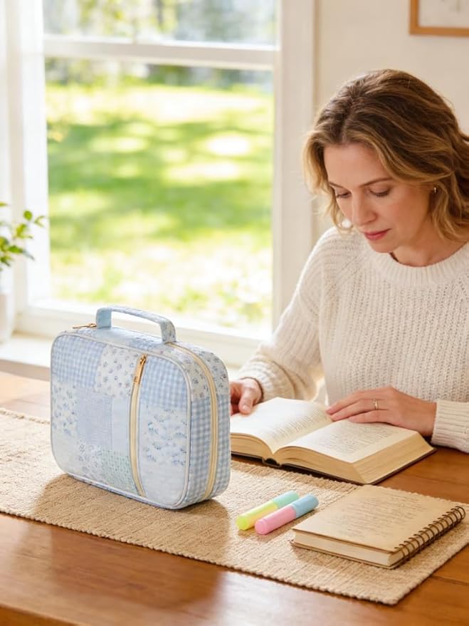Bible Cover Case for Women Large Bible Cover Bag Bible Study Supplies Accessories Handle Quilted Bible Carrying Case for Girls Christian Gifts for Women (Light Blue)