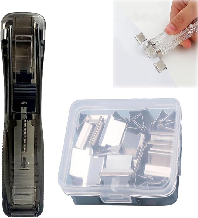 Portable Stapler Book Binding Tool with 50pc Clamps,Multi-Function Paper Fastener for School and Work Organization,Reusable Clip Stapler for Easy Document Organization (Black)