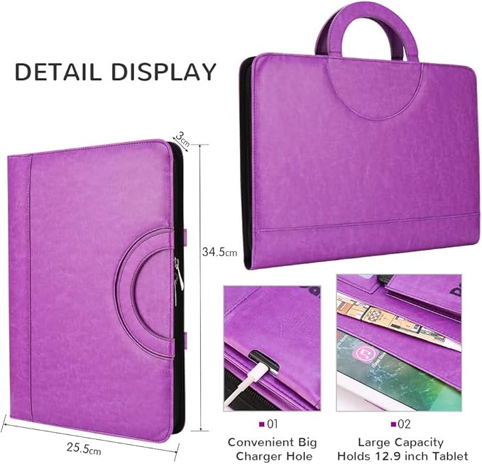 Darolin Zippered Leather Padfolio Portfolio with Hidden Handle and Clipboard, Business Conference Organizer Notepad Folder, Portfolio Bag, Padfolio for Women/Men (Purple)
