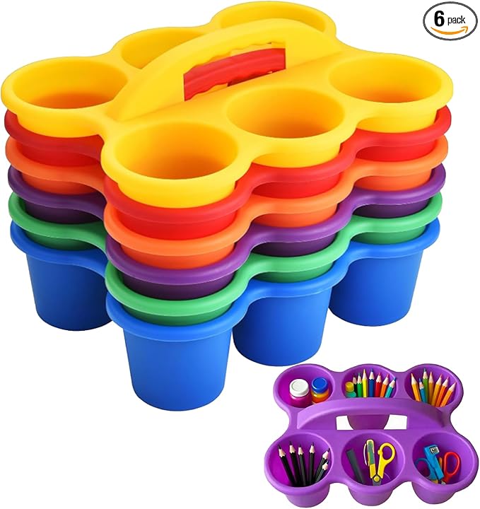 6-Cup Classroom Storage Caddy with Handles ,Art Supplies Stackable Storage Bins for Table, Office School Durable Easy-Clean Plastic Multiple Colors (Set of 6)