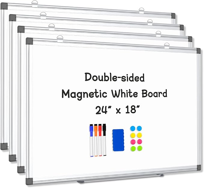 4 Pack Double-Sided Magnetic Whiteboard, 24" x 18" Dry Erase Board, Aluminum Frame White Board for Wall, Hanging Mounting White Board Dry Erase Marker Board for Office, School, Home