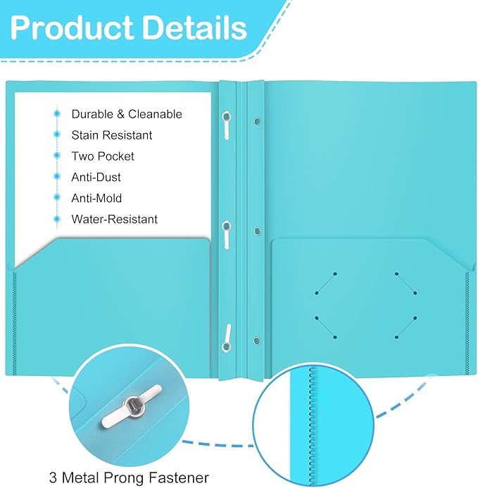 ViVin 12 Pack Plastic Folders with Pockets and Prongs, Heavy Duty 2 Pocket Folders with 3-Prong Fasteners, Poly File Holds 8-1/2" x 11" Paper for School Office Home (Lake Blue)