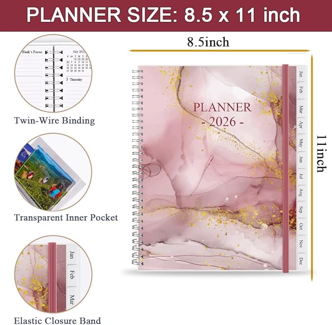 2026 Planner - Planner 2026 from January 2026 - December 2026, Monthly and Weekly Calender with 12 Tabs, 8.5" x 11", Pink Watercolor