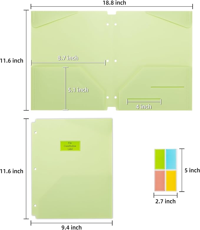 Ospelelf Folders with Pockets Waterproof Plastic Pocket Folders for Documents Letter Size 8.5'' x 11'', Fits 3 Ring Binder Holds, 6 Pack