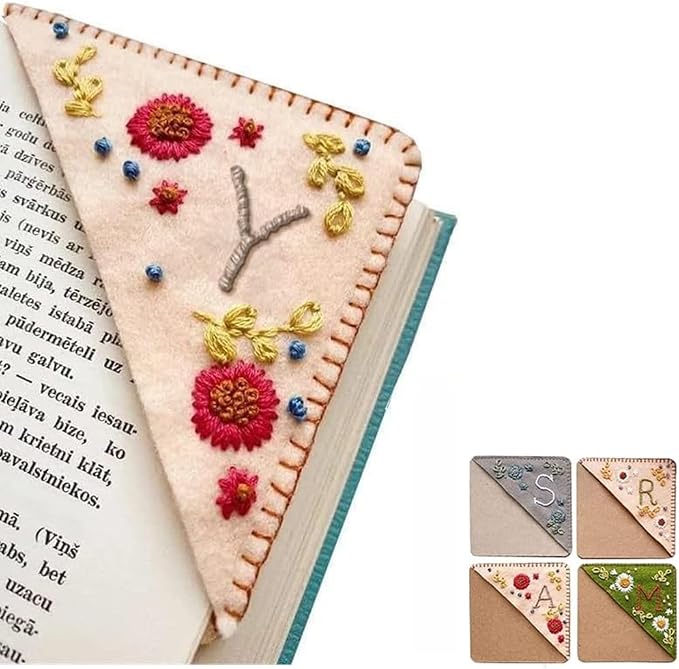 Personalized Hand Embroidered Corner Bookmark, 26 Letters Cute Flower Embroidered Corner Bookmark Embroidery Book Marker Clip for Book Lovers Bookmarks for Reading Lovers Meaningful GIF (Fall, Y)
