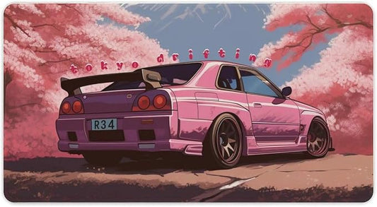 Car Large Mouse Pad Gaming Mousepad Japanese JDM Car R34 Pink Cherry Tree Anime Desk Mat for Keyboard and Mouse Mat Non-Slip Rubber Desk Pad 40X75cm, Style
