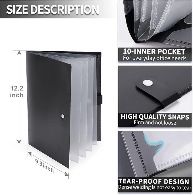 Cesil 5 Packs 10-Pocket File Folder, Letter A4 Paper Project Organizer Folders with Snap Button, Plastic Document Organizer for School Office Home