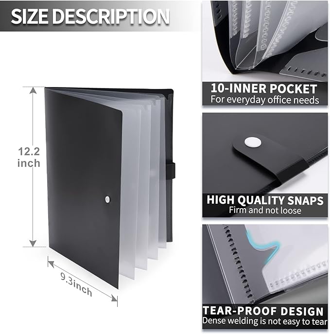 Cesil 3 Packs 10-Pocket File Folder, Letter A4 Paper Project Organizer Folders with Snap Button, Plastic Document Organizer for School Office Home