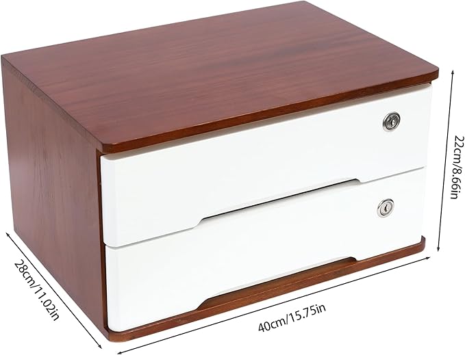 2 Drawers Wooden Desktop Storage Box,Small File Cabinet with Locks,Office Supplies A4 Filing Organizer for School,Classroom,Walnut,White