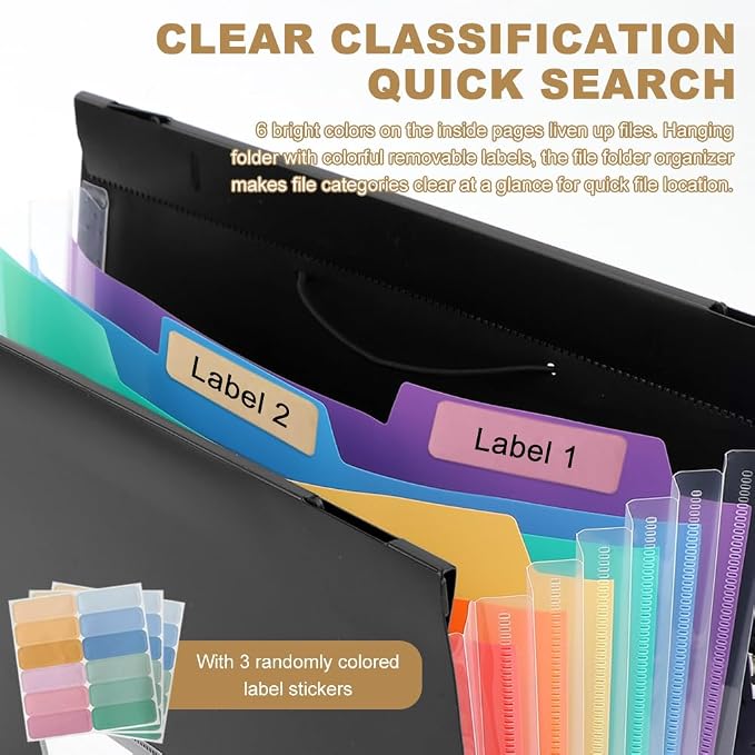 3 Packs Plastic Expanding Hanging File Folders with 3 Sheets Sticky Notes & 100 Paper Clips 7 Innovative Accordion Pockets, Large Capacity, Multi-Color Tabs for Filing Cabinet