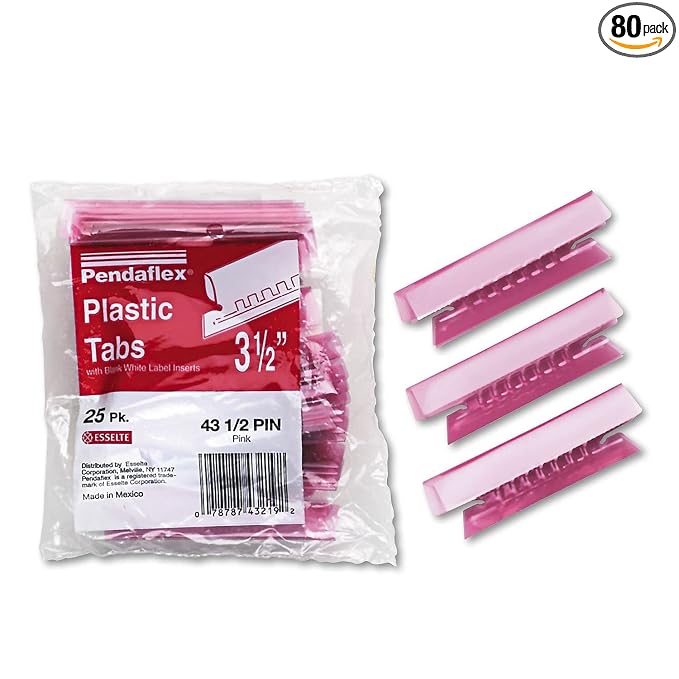 Pendaflex Transparent Colored Tabs for Hanging File Folders, 1/3-Cut, Pink, 3.5" Wide, 25/Pack
