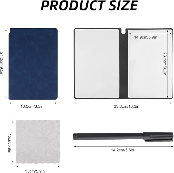 Reusable A5 Dry Erase Notebook Include a Wipeable Pen and Rag,9.4x6.5 Inch Erasable Notebook Whiteboard Notebook,Wipeable Notebook PU Hardcover for Office and Taking NotesBlue