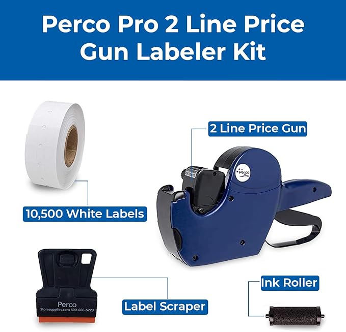 Perco Pro 2-Line Price Gun with Labels Kit - Includes 2-Line 16-Characters Price Labeler Gun, 10,500 Blank White Labels, a Label Scraper & a Pre-Loaded Ink Roll Bundled with Perco Labeler Gun Clip