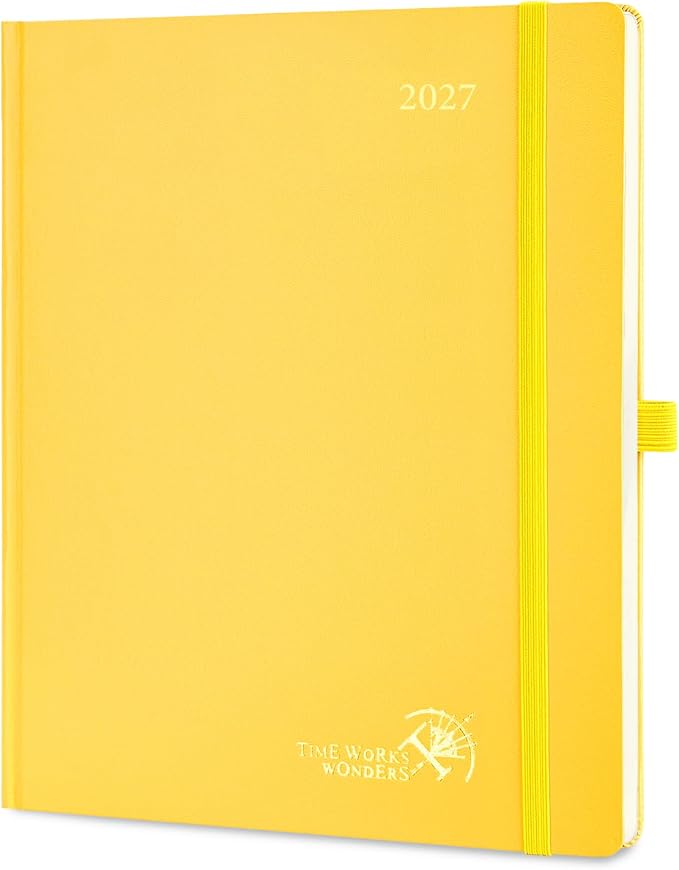 POPRUN 2027 Planner Weekly and Monthly, Large 8.5" x 10.5" Calendar, Jan 2027- Dec 2027 Agenda, Daily Appointment Book with Hourly Time Slots, Monthly Tabs, Hardcover, 100 GSM - Light Yellow