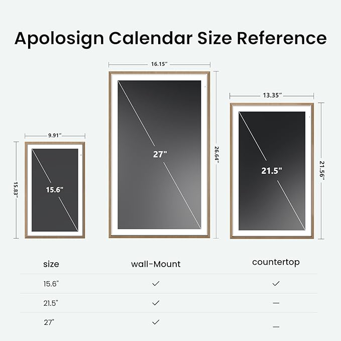 Apolosign 27-inch Digital Calendar : Dual Mode Smart Wall Planner, No Subscription, Install Apps, Sync Calendars, Electronic Touchscreen Interactive Display for Family Schedules, Chore Chart - with Stand (Teak)