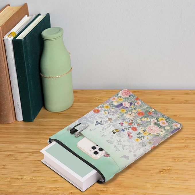 Aesthetic Flower Book Sleeve, Book Lovers Gifts Sleeve with Zipper & Front Pocket, 11.4x8.8 Inch Canvas Books Cover Protector Bookish Gifts for Readers Librarian Women Teacher Christmas Birthday Gift