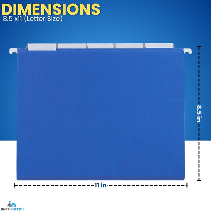 1InTheOffice Blue Hanging File Folders, Hanging File Folders with Tabs, Adjustable Tabs, Letter Size, 25 Pack