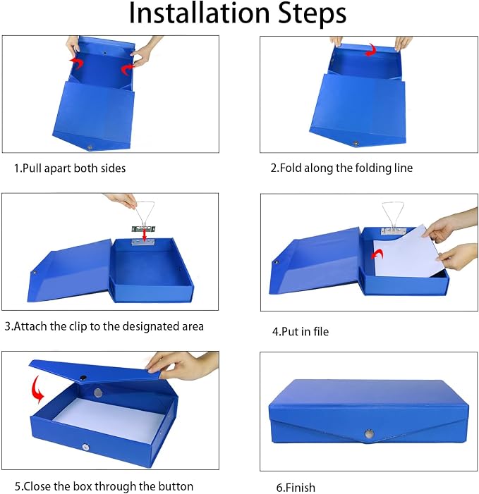 6 Pack Foldable Plastic Box Files A4 with Metal Clip,65mm Spine,Document Archive Folders for Office（Blue）