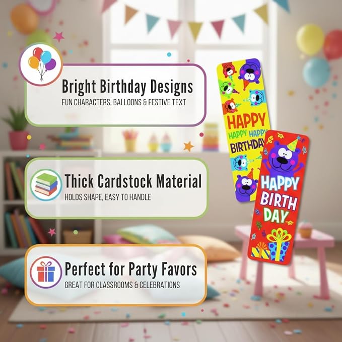 Bold & Bright Multicolor Birthday Cardstock Bookmarks - 2" x 6" (Pack of 48) - Colorful & Fun Design - Perfect Party Favors & Keepsakes