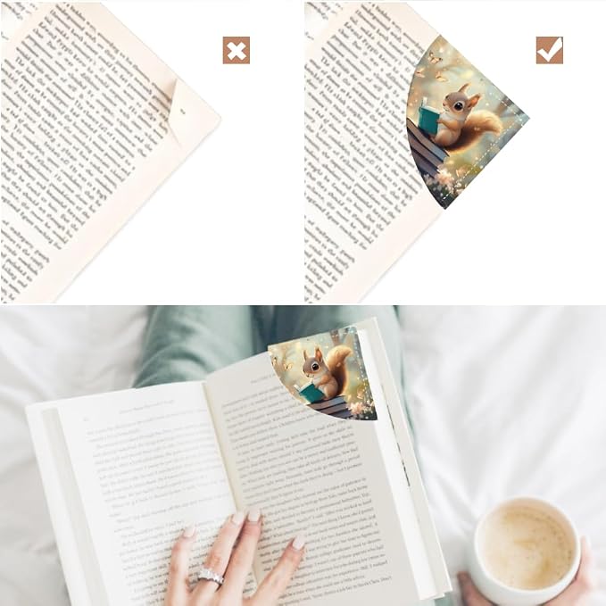2PCS PU Leather Bookmarks 3.5x3.5 Inch Squirrel Reading Design | PU leather bookmarks with squirrel reading design for story books, class notes, journals, young readers and book lovers