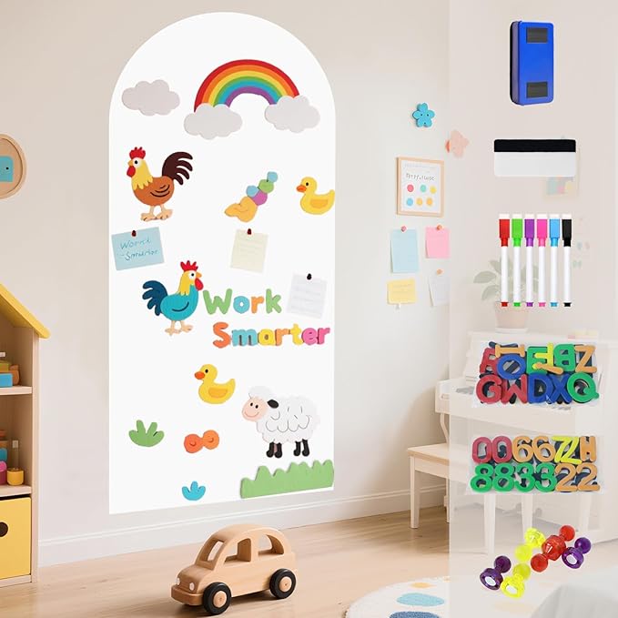 Magnetic Arch Wall Decal 39.3x17.5 Inches White Magnet Wall for Kids Self Adhesive Magnetic Chalkboard Decals Peel and Stick Magnet Decal Wall with Multiple Accessories for Playroom Home