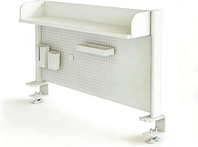 23.6 Inch Clip-on Desktop Organizer Bookshelf with Pegboard, Desk Shelf Organizer, Multipurpose Computer Desk Desktop Bookshelf, Desk Extender Pegboard Clamp, Desktop Display (White)