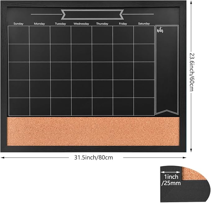 TORASO Chalkboard Calendar & Corkboard, Magnetic Surface 24" x 32" Combination Chalk Board & Bulletin Board, Black Framed Blackboard/Calendar/Cork Combo Board(ZHHB-BK-6080)