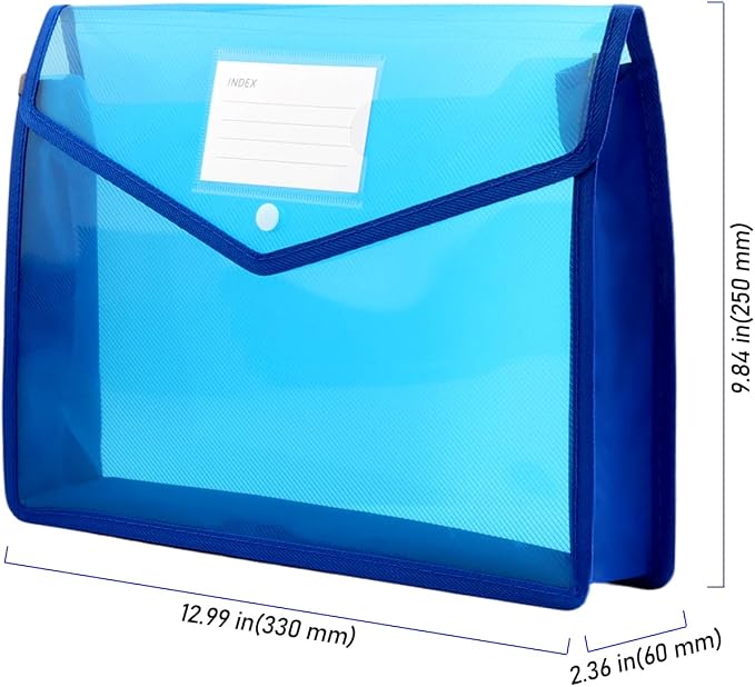 12PCS A4 Size Plastic File Folder - Expandable Poly Envelope Waterproof Transparent File Pouch with Snap Closure and Label Pocket, Assorted Colors