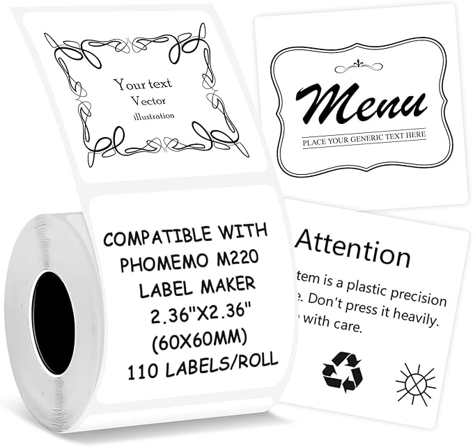 Thermal Labels Compatible with NIIMBOT B3S/K3 Label Printer,Compatible with Phomemo M221/M220/M120/M200/M250 Label Printer,2.36"x2.36"(60x60mm), 110 Labels/Roll, Black on White