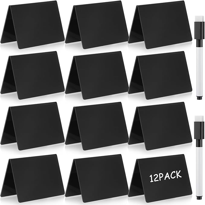 Outus 12 Pcs 4 x 3 Inches Buffet Food Labels Mini Small Chalkboard Signs Black Acrylic Food Markers Little Price Signs with 2 Pcs Erasable Marker for Wedding Birthday Bakery Table Display