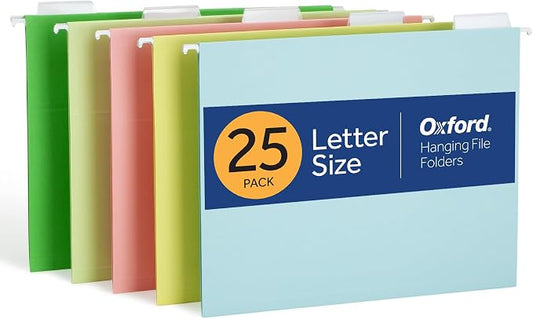 Oxford Hanging File Folders, 25 Pack, Letter Size (8.5" x 11"), 5 Pastel Colors, 5 Tab Positions, Includes Tabs and Inserts, Hanging Files for Office and Document Organization