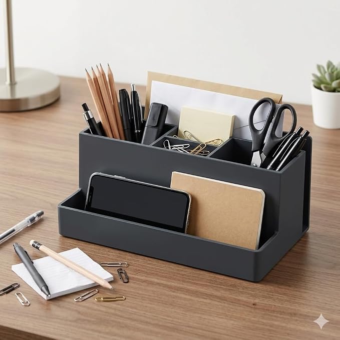 Acrimet Desktop Organizer - Multi Organizer Caddy Holder for Office, Home and School use (Plastic) (Black Color)