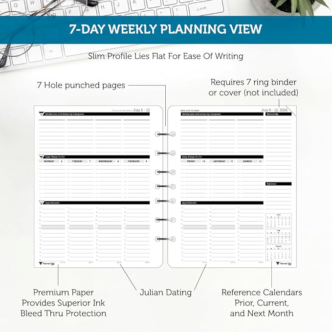 Planner Pad 7 Hole Loose Leaf 3-Tier Funnel Down 12 Month Medium Size Organizer, July 2026 – June 2027 / Academic Year Black Ink, 6 3/4" x 8 1/2"